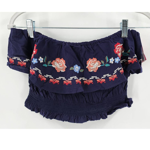 NWT New Xhiliration Navy / Blue Faux Needle Point Embroidered Tube Top Ruffled M - Picture 2 of 7